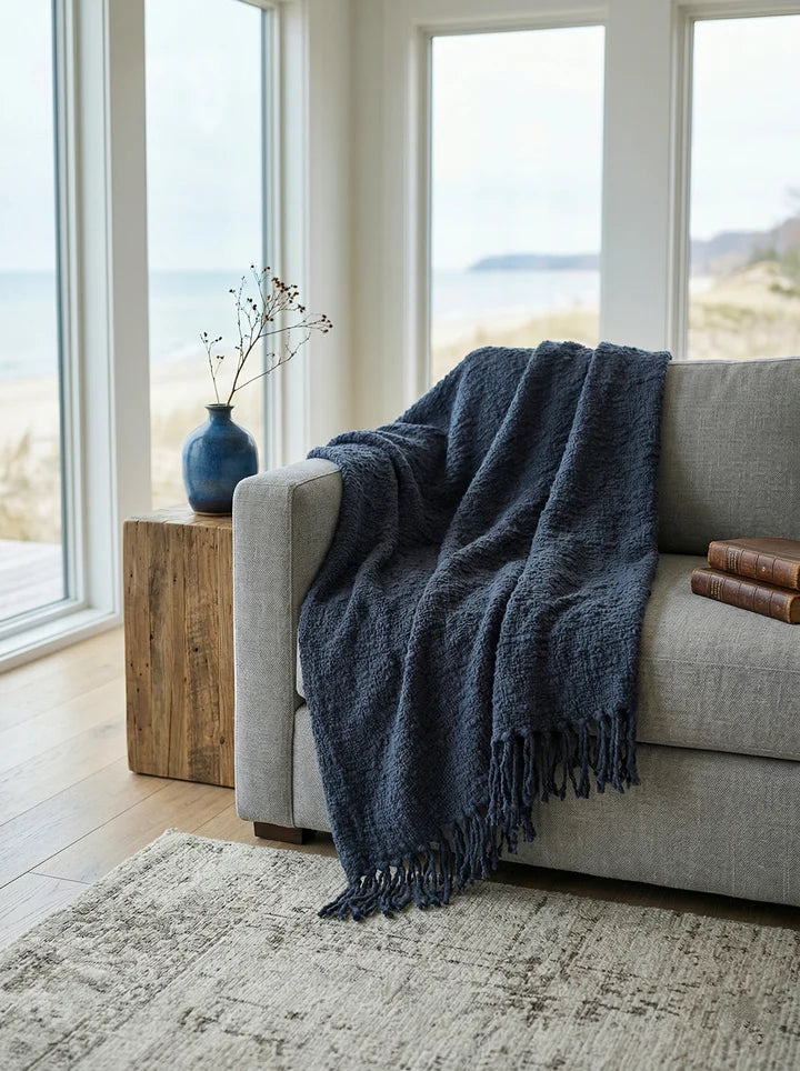 Navy Blue Cozy Cotton Boucle Throw with Fringe 50x70