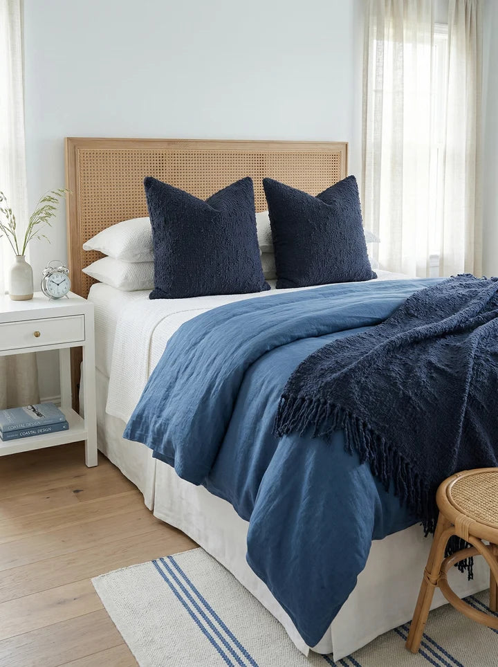 Navy Blue Cozy Cotton Boucle Throw with Fringe 50x70