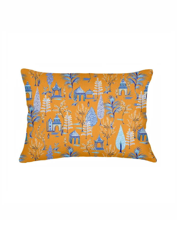 True Orange Pagoda Charm Linen Pillow 14x20 with Down Insert