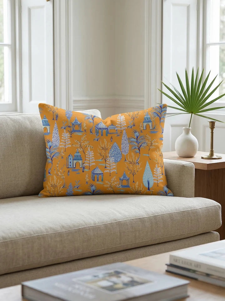 True Orange Pagoda Charm Linen Pillow 14x20 with Down Insert