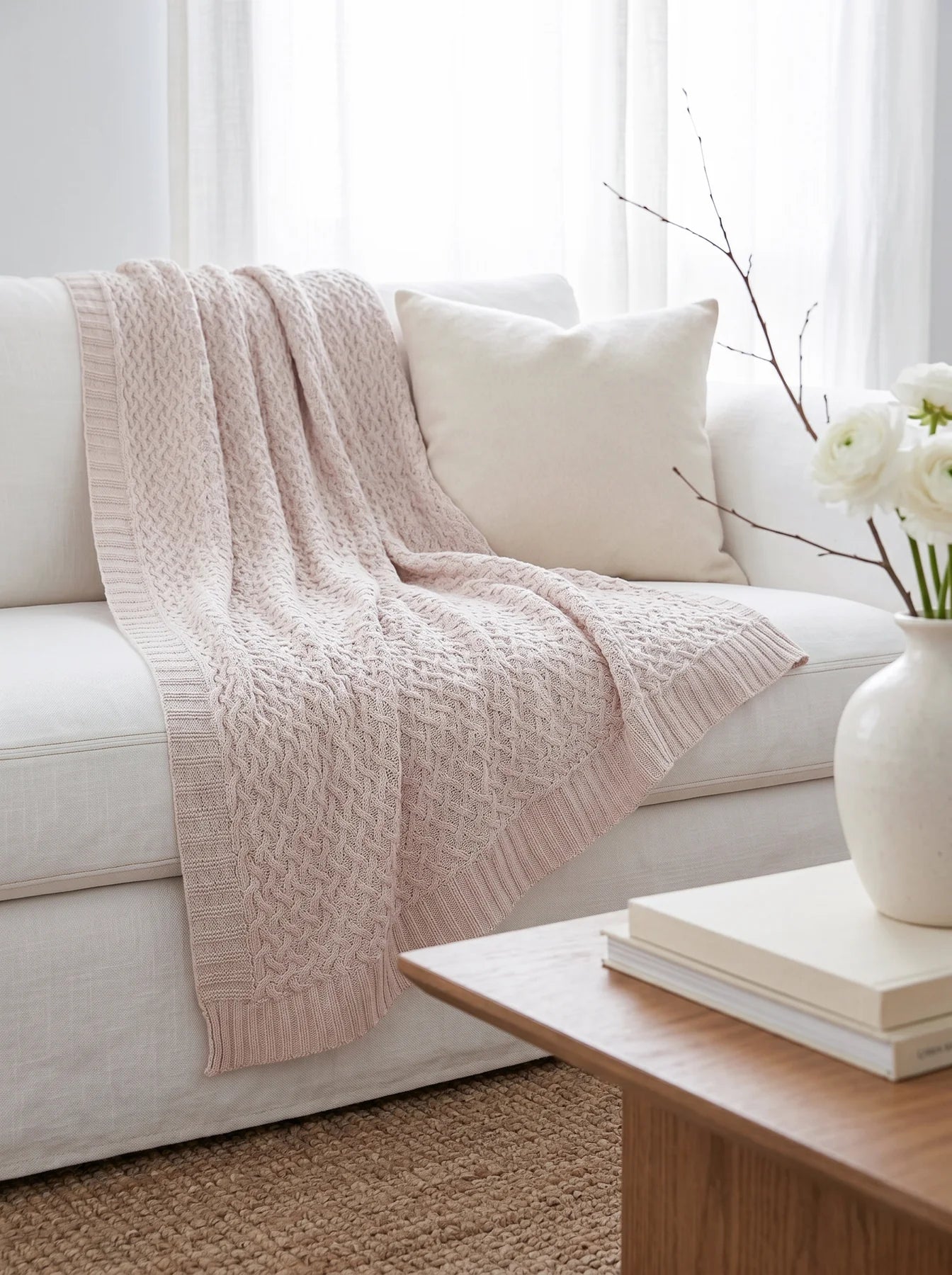 Pale Pink Cable Knit Bamboo Throw