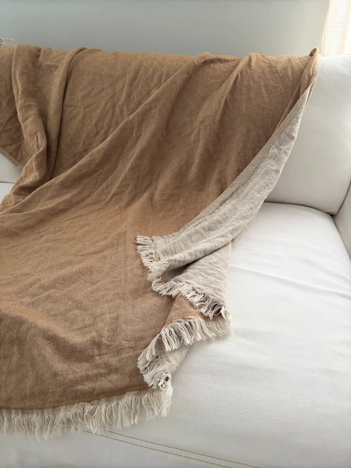 Reversible Linen Fringe Throw and Bed Blanket