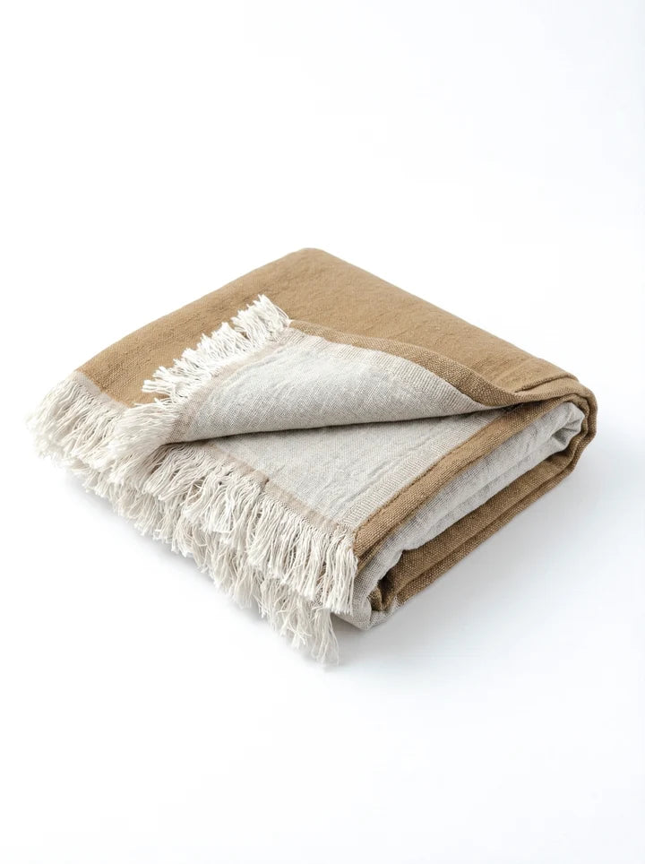 Reversible Linen Fringe Throw and Bed Blanket